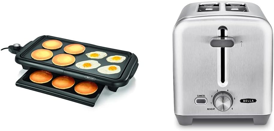 BELLA Electric Griddle w Warming Tray, 10 x 18, Copper/Black  2 Slice Toaster, Quick  Even Results Every Time, Stainless Steel